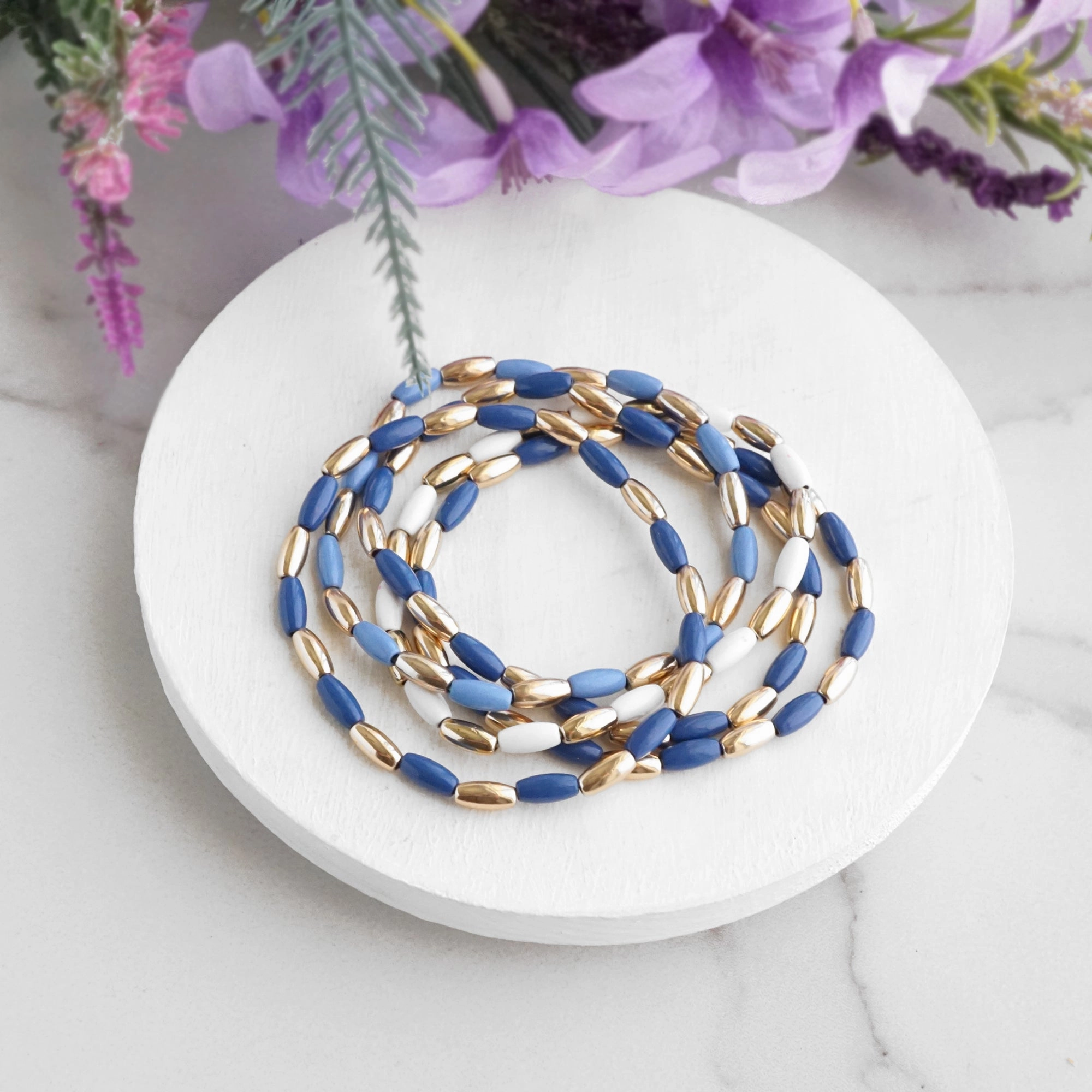 Metal Beaded bracelet stack 5 bracelets - Blues and Gold tone Individual Take