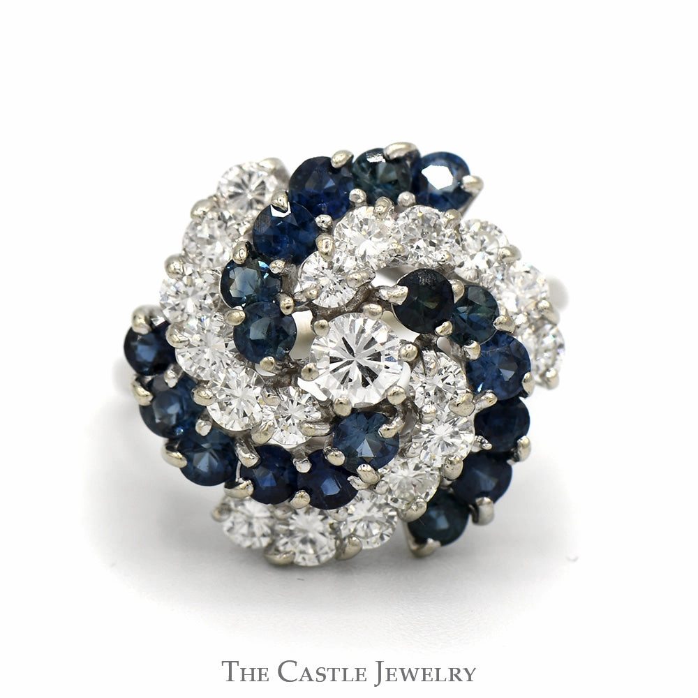 Artisan Gift 1.3cttw Round Diamond & Sapphire Swirled Cluster Ring in 14k White Gold