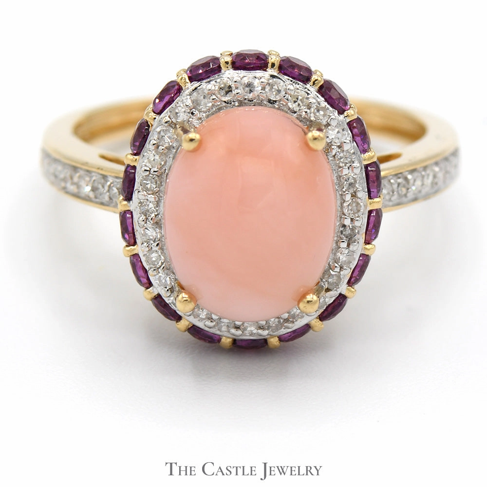 Personal Present Formal Accessory Oval Pink Opal Ring with Diamond and Amethyst Halo & Accents in 14k Yellow Gold
