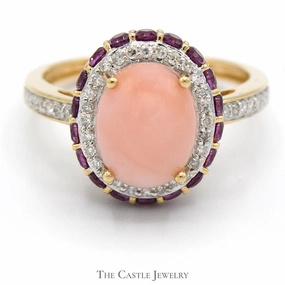Personal Present Formal Accessory Oval Pink Opal Ring with Diamond and Amethyst Halo & Accents in 14k Yellow Gold