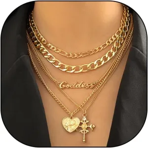 Retro Gold Cross Layered Necklace Set for Women Dainty Heart Pendant Necklaces Adjustable Layering Paperclip Chain Link Necklaces Jewelry