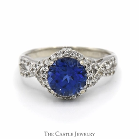 Low-Cost Work Round Created Sapphire Ring with White Sapphire Halo and Accents in 14k White Gold