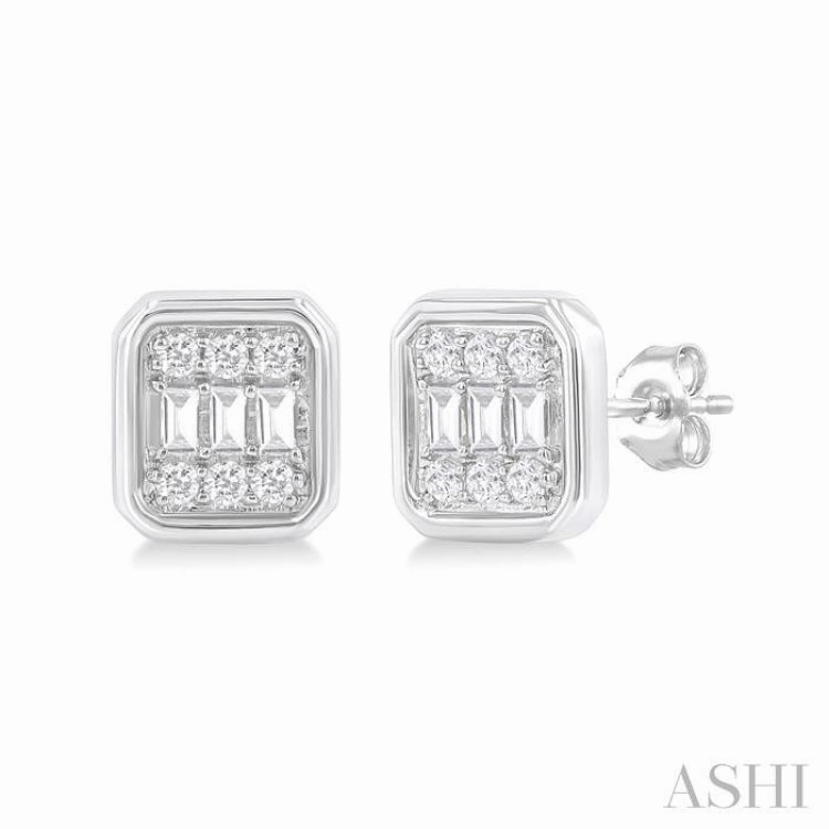 Pure Detail Subtle Vibe 1/5 Ctw Petite Bezel Set Emerald Shape Fusion Baguette and Round Cut Diamond Fashion Stud Earring in 10K White Gold