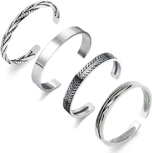 RIOSO 4Pcs Men's Cuff Bracelets Silver Cuff Bracelet Leaves Pattern Twisted Open Cuff Bracelet