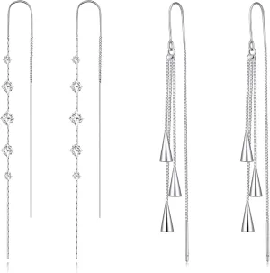 Ritach Silver Dangle Earrings for Women Minimalist Long Silver Dangle Drop Tassel Threader Earrings for Prom