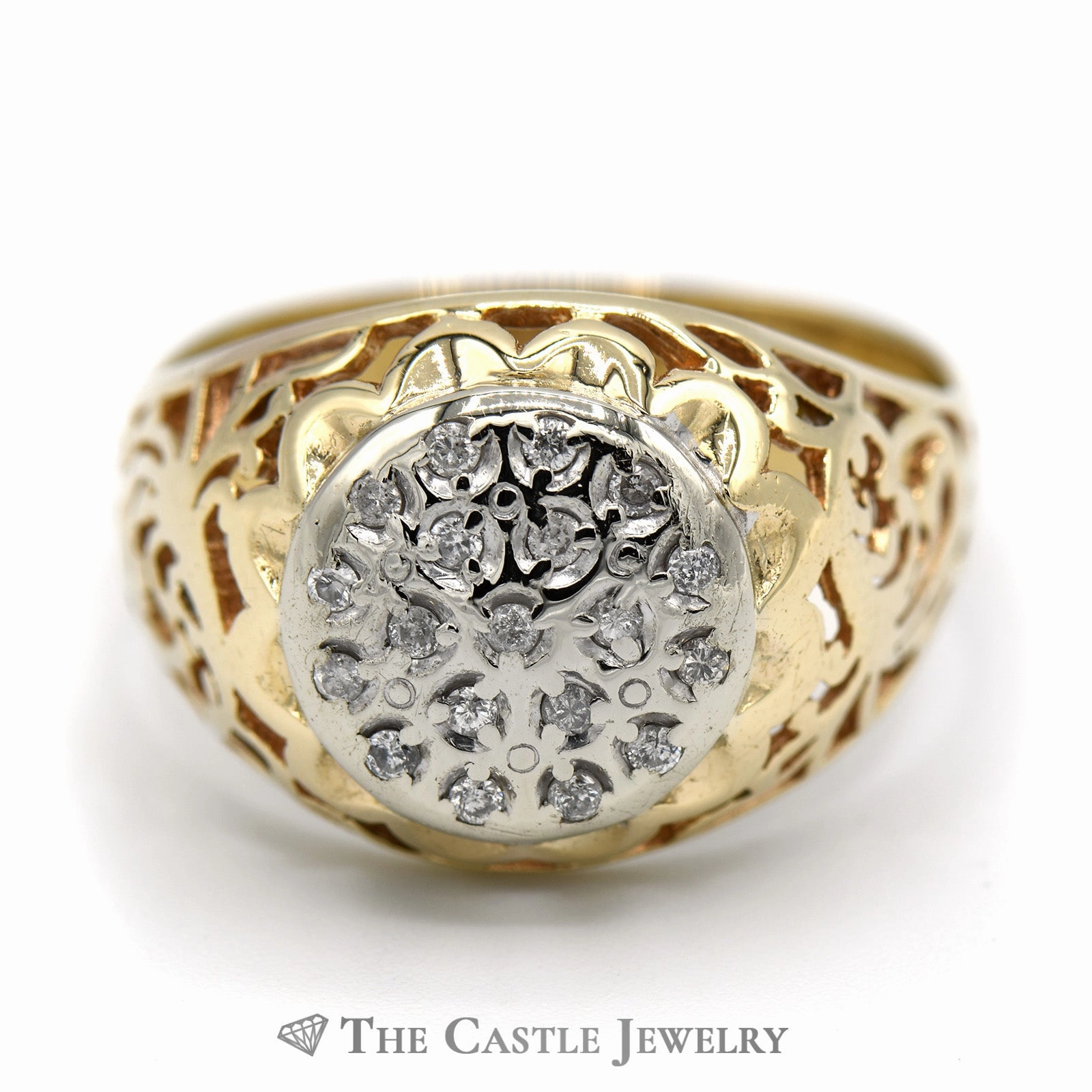 Romantic Object Kentucky Diamond Cluster Ring with Filigree Sides in 14k Yellow Gold