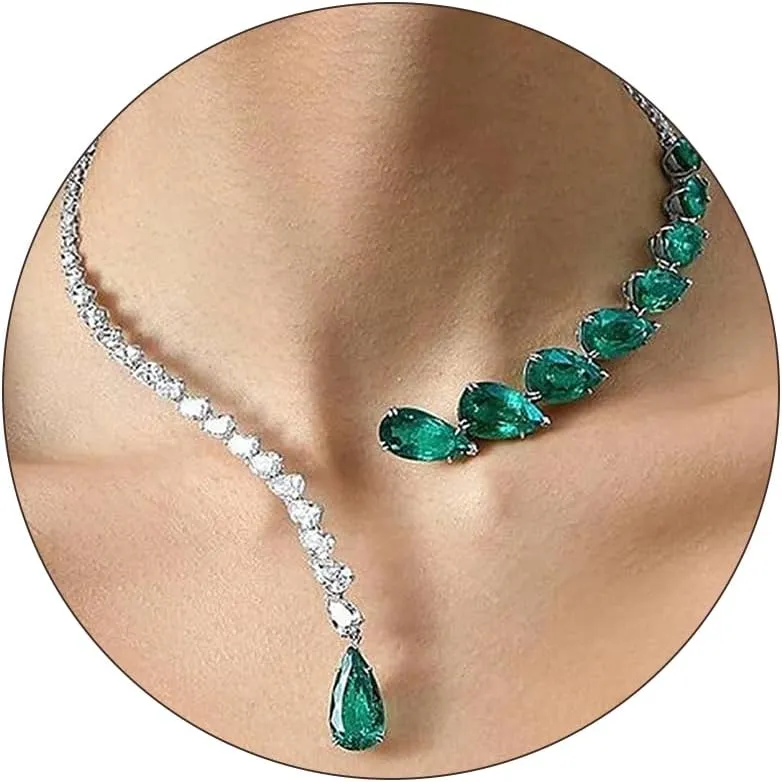 Roe Dolph Rhinestone Choker Necklace Green Crystal Necklace Sparkly Rhinestone Choker Necklace Crystal Teardrop Necklace Adjustable Open Necklace for Women Prom Party Necklaces