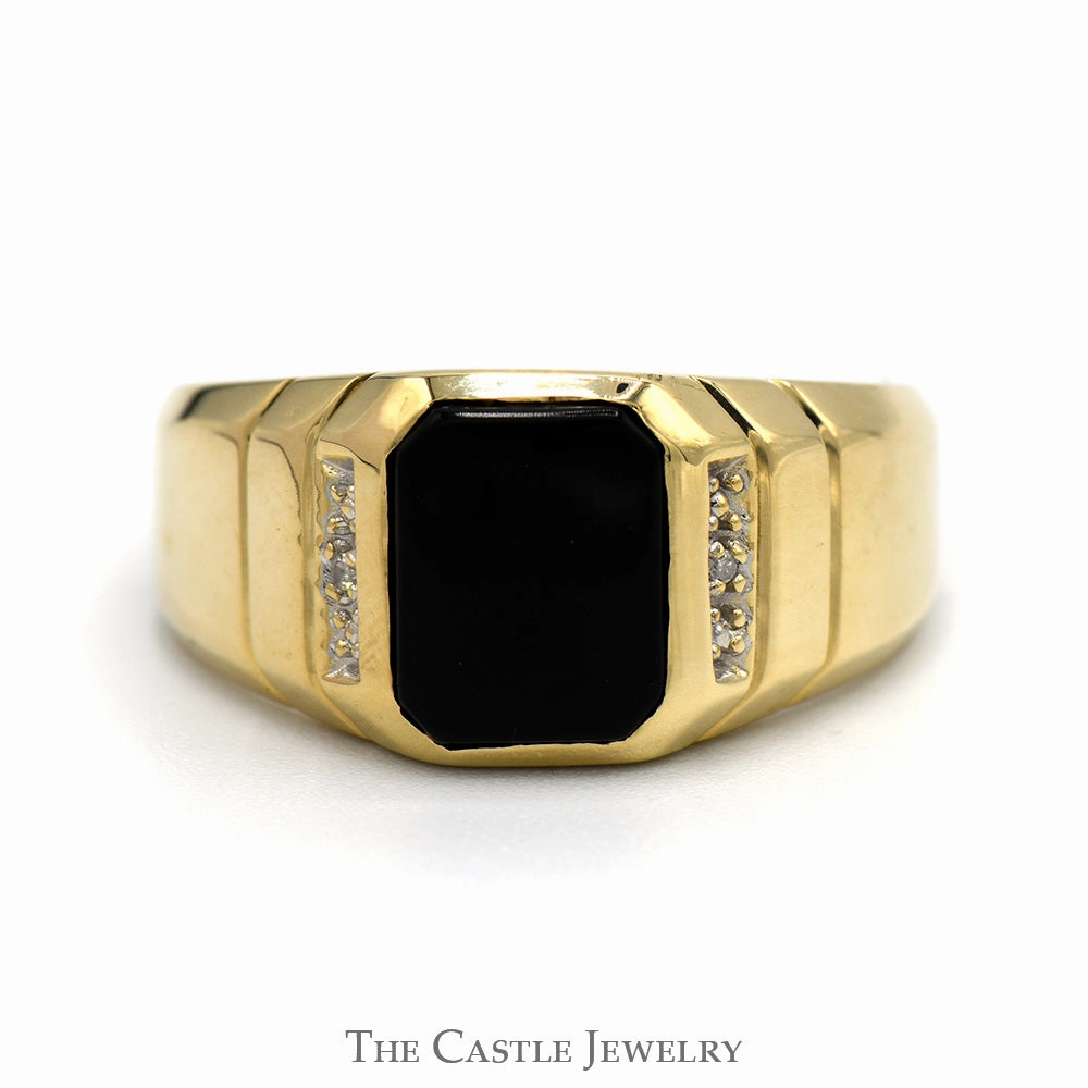 Modern Match Rectangular Black Onyx Ring with Diamond Accents in 10k Yellow Gold Grooved Mounting