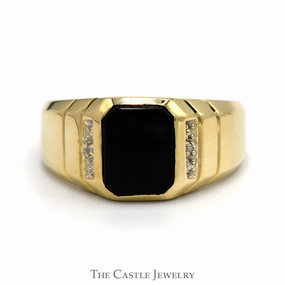 Modern Match Rectangular Black Onyx Ring with Diamond Accents in 10k Yellow Gold Grooved Mounting
