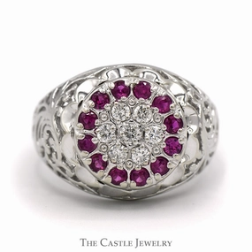 Prototype Model Ruby & Diamond Kentucky Cluster Ring with Open Filigree Sides in 10k White Gold