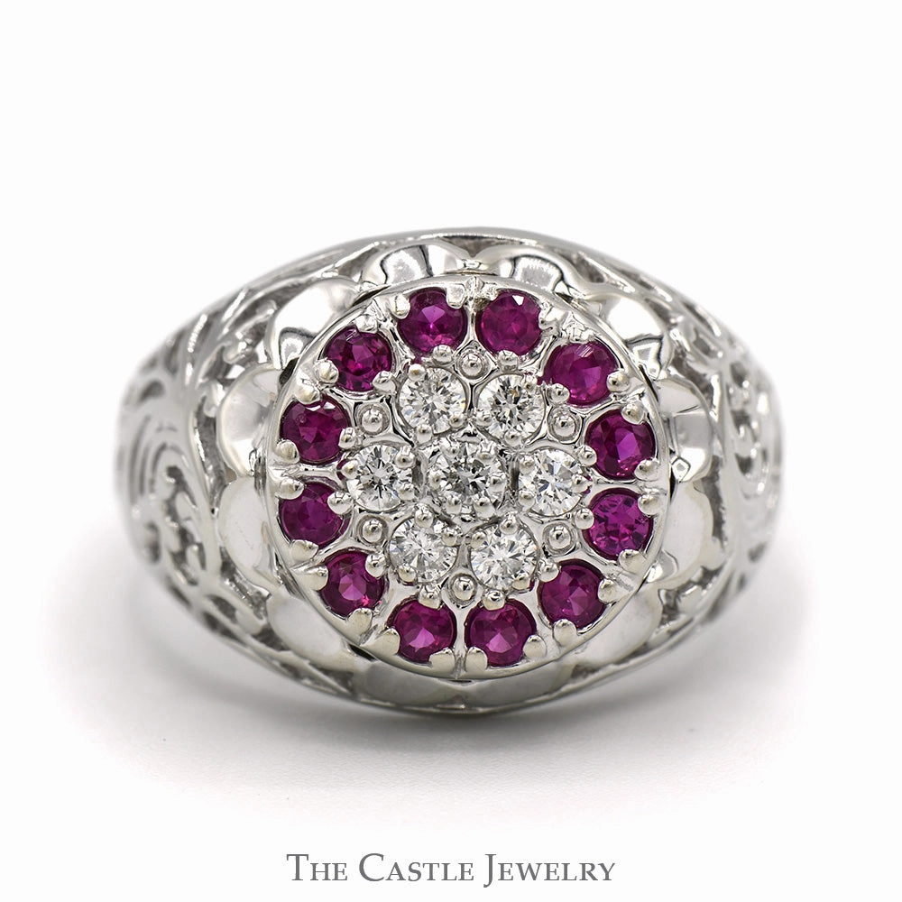 Prototype Model Ruby & Diamond Kentucky Cluster Ring with Open Filigree Sides in 10k White Gold