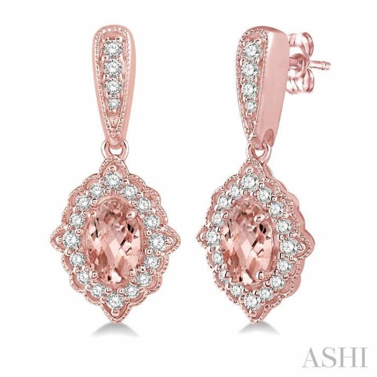 5x3 MM Oval Shape Morganite and 1/4 Ctw Round Cut Diamond Semi-Precious Earrings in 10K Rose Gold Handmade Beauty
