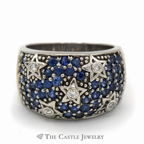 Elegant Embellishment Premium Statement Sapphire and Diamond Cluster Star Designed Wide Band in 14k White Gold