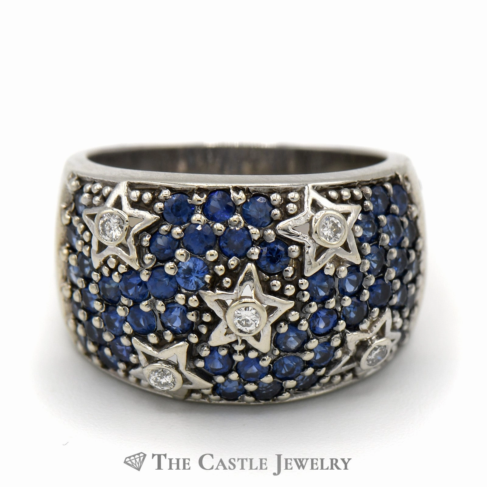 Elegant Embellishment Premium Statement Sapphire and Diamond Cluster Star Designed Wide Band in 14k White Gold