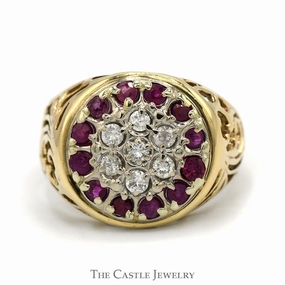 Season Ready Ruby & Diamond Kentucky Cluster Ring with Filigree Sides in 10k Yellow Gold
