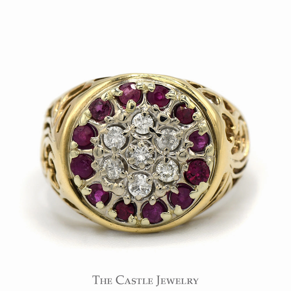 Season Ready Ruby & Diamond Kentucky Cluster Ring with Filigree Sides in 10k Yellow Gold