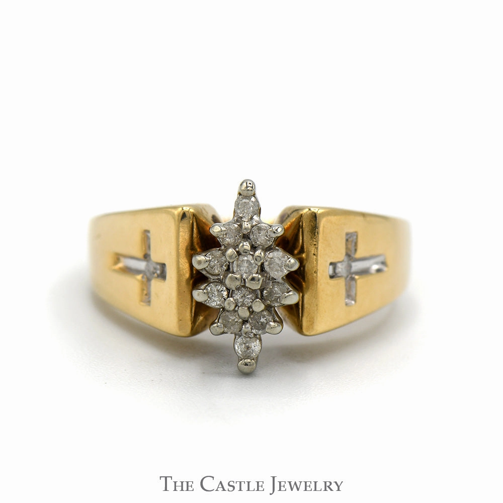 Marquise Shaped Diamond Cluster Ring with Etched Cross Sides in 10k Yellow Gold Minimalist Insignia Refined Jewelry