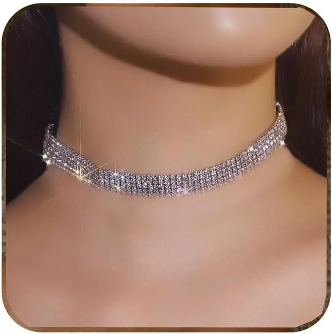 Ronglry Rhinestone Choker Necklace for Women Silver Diamond Choker Necklaces for Women Sparkly Crystal Rhinestone Necklace for Women Silver Chokers for Women Party Prom Wedding Jewelry Accessories