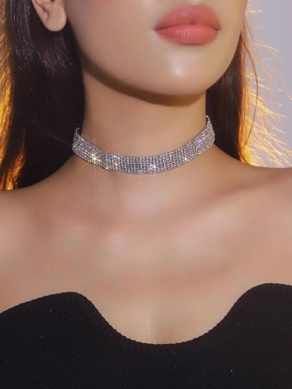 Ronglry Rhinestone Choker Necklace for Women Silver Diamond Choker Necklaces for Women Sparkly Crystal Rhinestone Necklace for Women Silver Chokers for Women Party Prom Wedding Jewelry Accessories