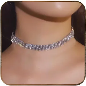 Ronglry Rhinestone Choker Necklace for Women Silver Diamond Choker Necklaces for Women Sparkly Crystal Rhinestone Necklace for Women Silver Chokers for Women Party Prom Wedding Jewelry Accessories