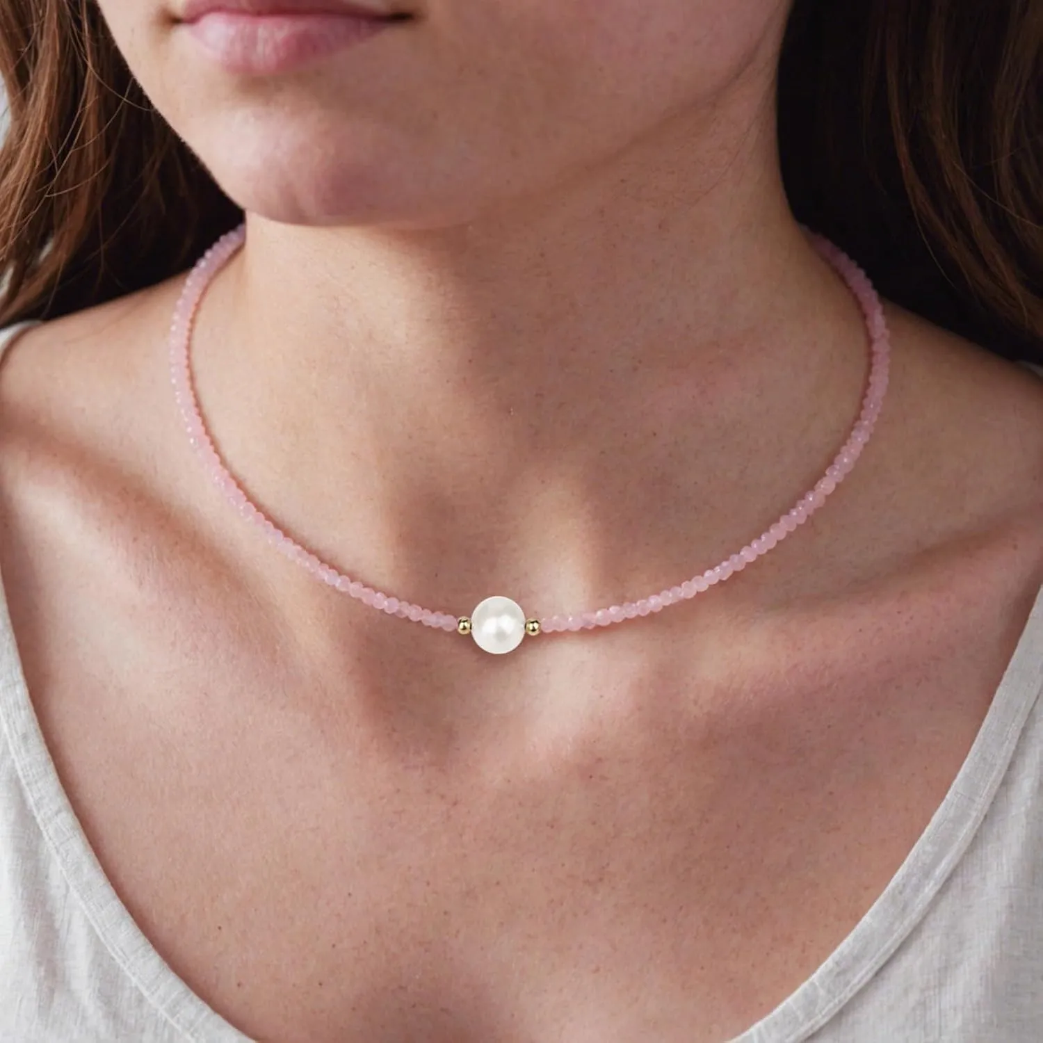Rose Quartz Necklace, Pink Choker Necklace Rose Quartz Jewelry, Handmade Adjustable 16-18 Inches Crystal Necklaces for Women, 18K Gold Plated Beaded Choker Necklace