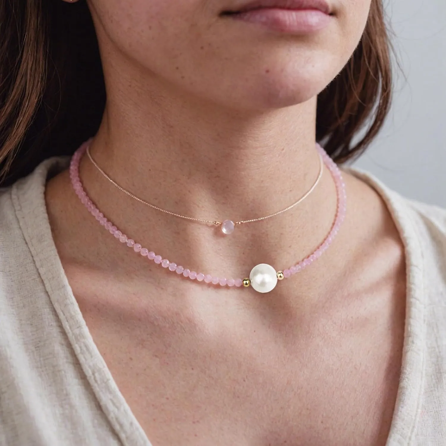 Rose Quartz Necklace, Pink Choker Necklace Rose Quartz Jewelry, Handmade Adjustable 16-18 Inches Crystal Necklaces for Women, 18K Gold Plated Beaded Choker Necklace