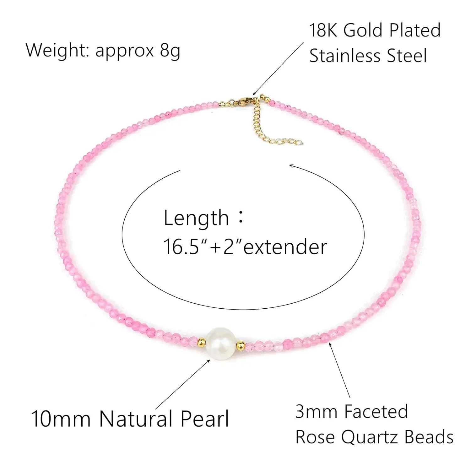 Rose Quartz Necklace, Pink Choker Necklace Rose Quartz Jewelry, Handmade Adjustable 16-18 Inches Crystal Necklaces for Women, 18K Gold Plated Beaded Choker Necklace
