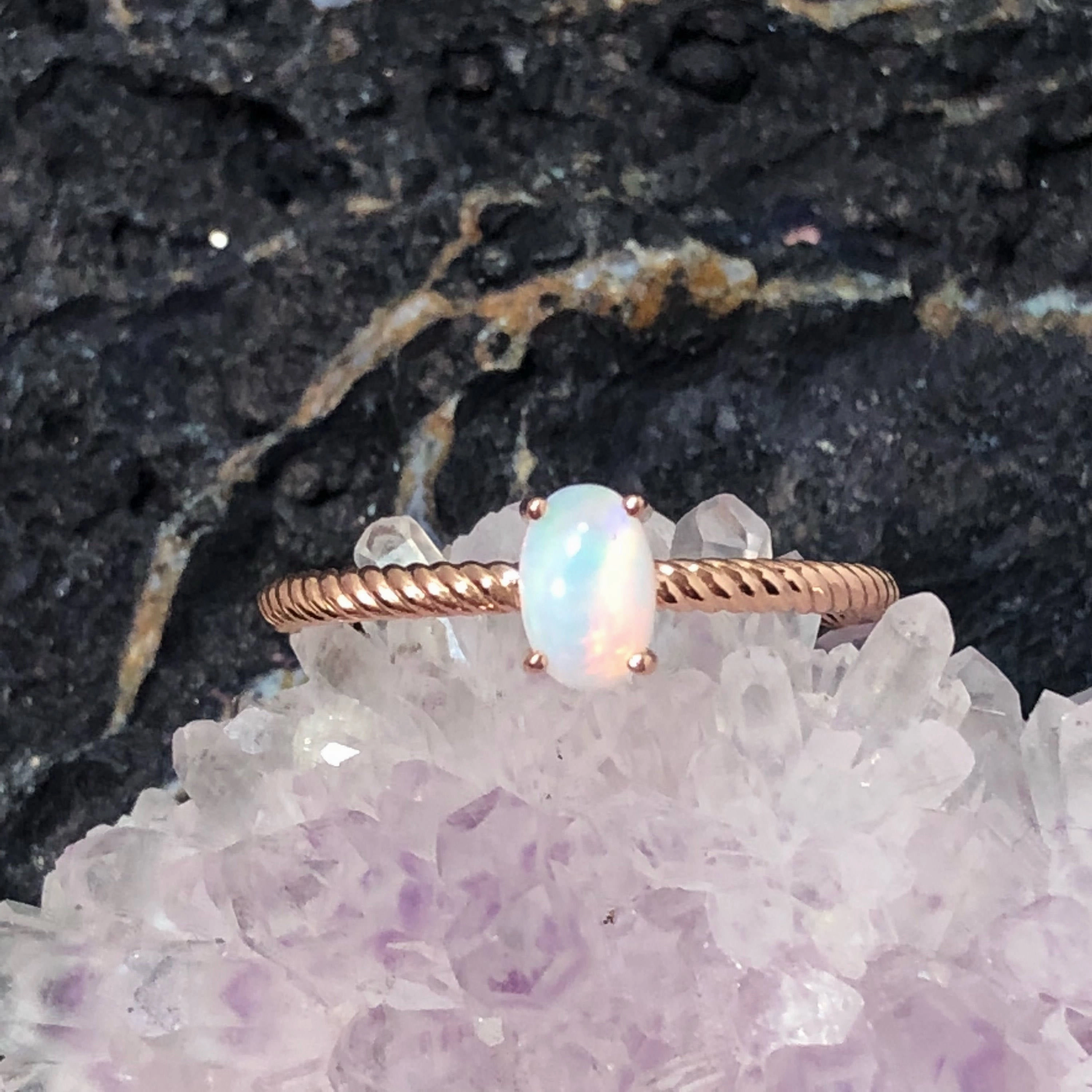 Celebrity Style Rose Gold Engagement Opal Ring