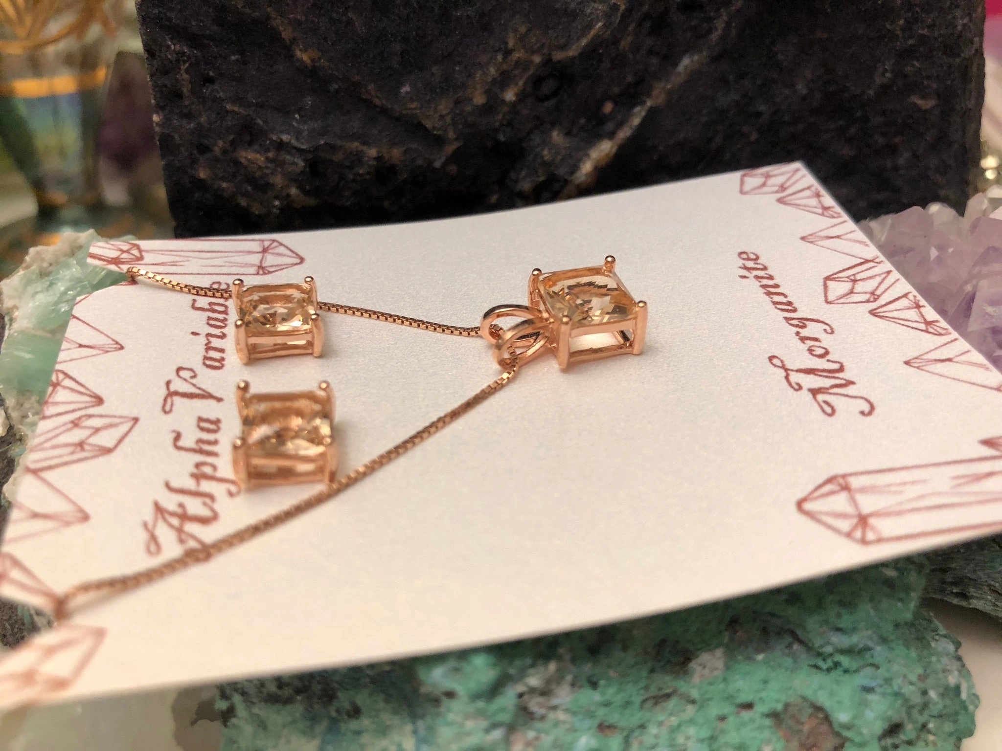 Retro Accent Bright Adornment Rose Gold Morganite Earrings   Necklace Set