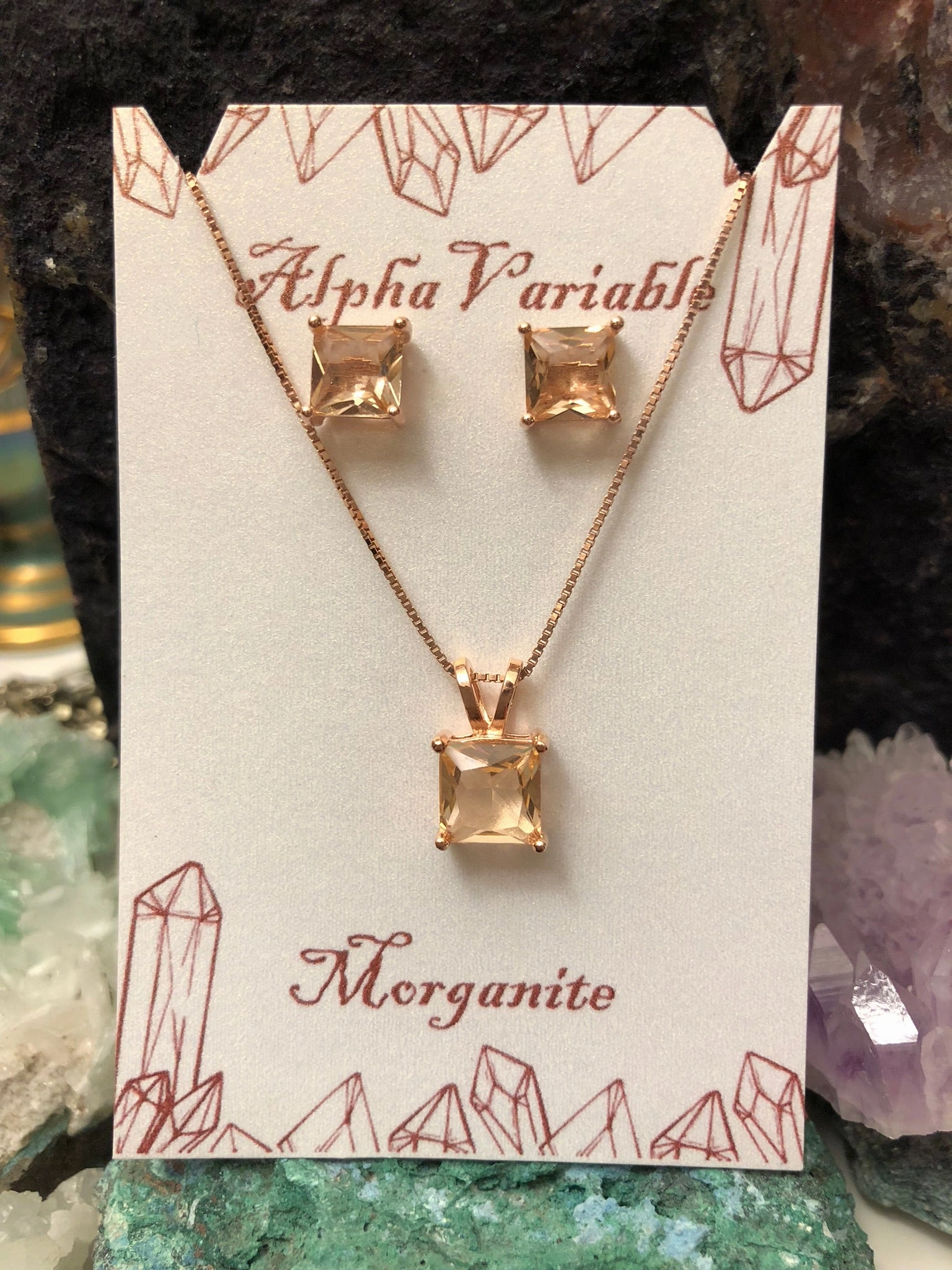Rose Gold Morganite Earrings   Necklace Set Rustic Embellishment