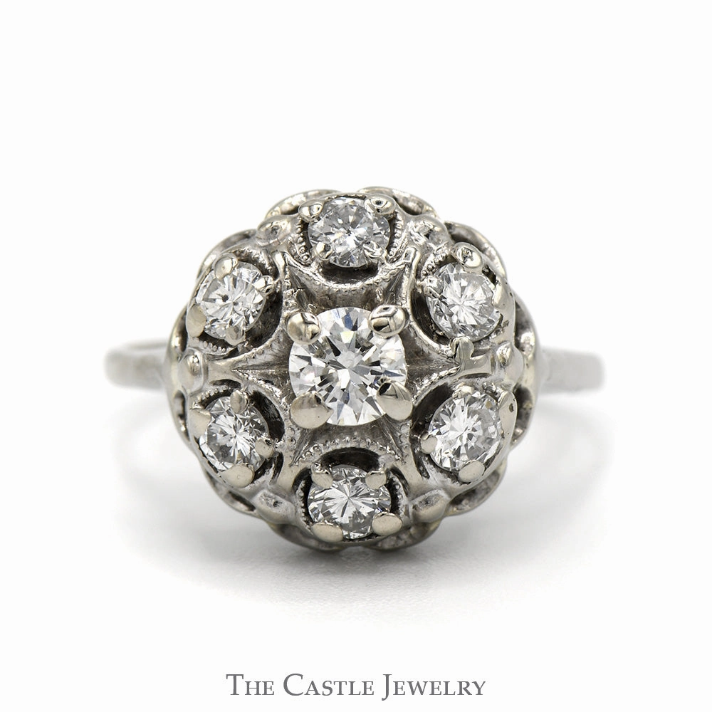 Subtle Accessory Round 1cttw 7 Diamond Cluster Ring in 14k White Gold Scalloped Mounting
