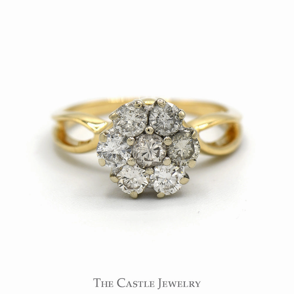 Round 7 Diamond Cluster Ring with Open Sides in 14k Yellow Gold Glamorous Decoration