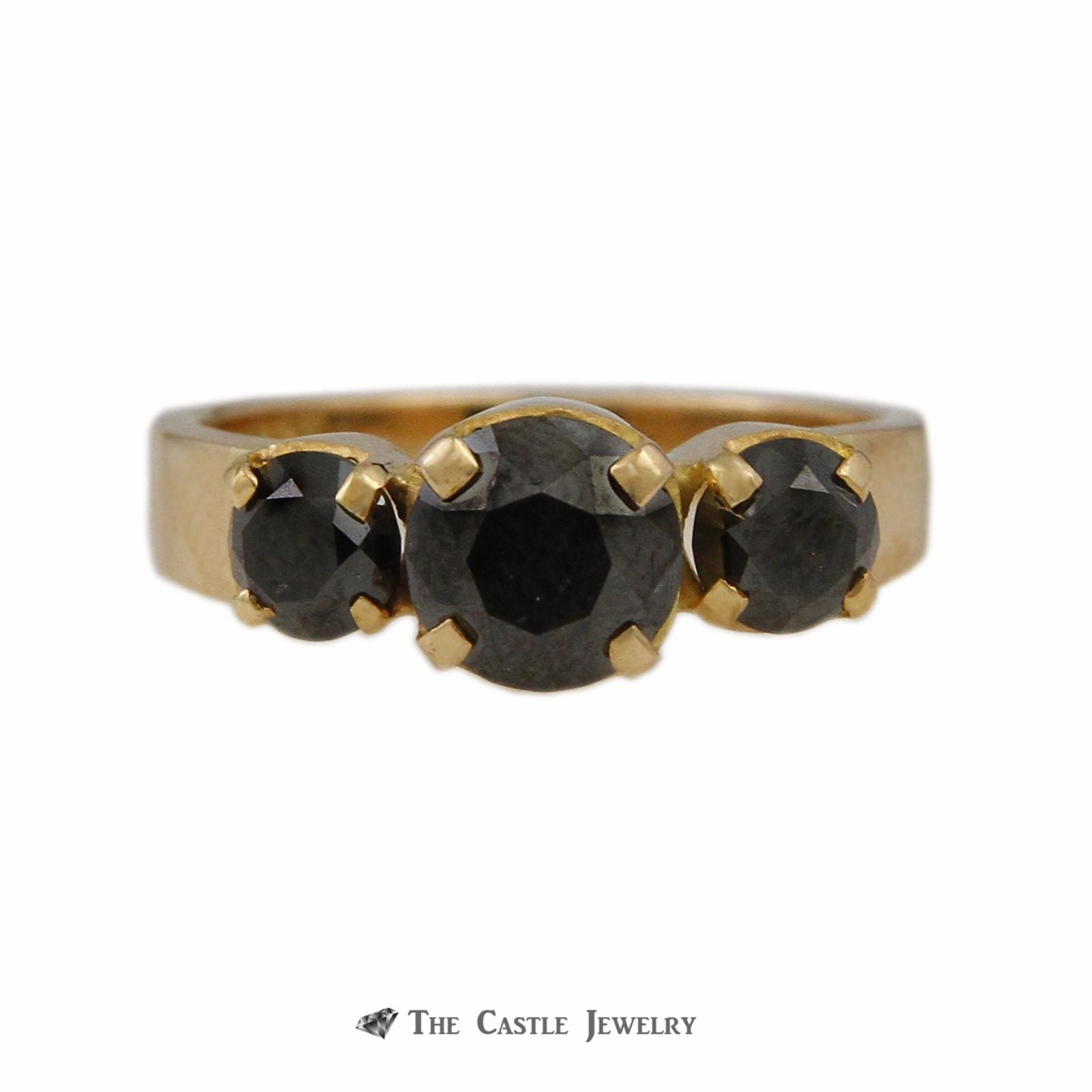 Seasonal Trend Round Black Diamond 1.75cttw 3 Stone Ring in Wide 18K Yellow Gold Mounting