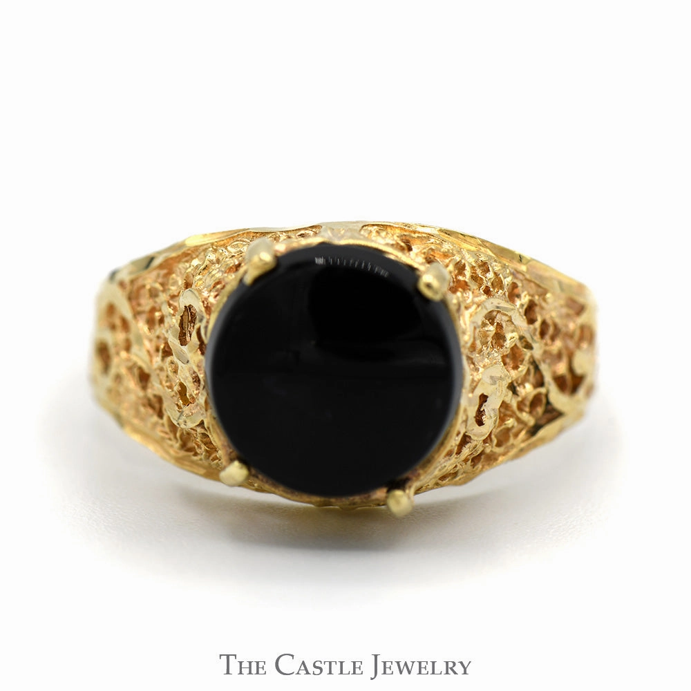 Round Black Onyx Solitaire Ring with Ornate Open Filigree Sides in 10k Yellow Gold Multicolor Design Delicate Product
