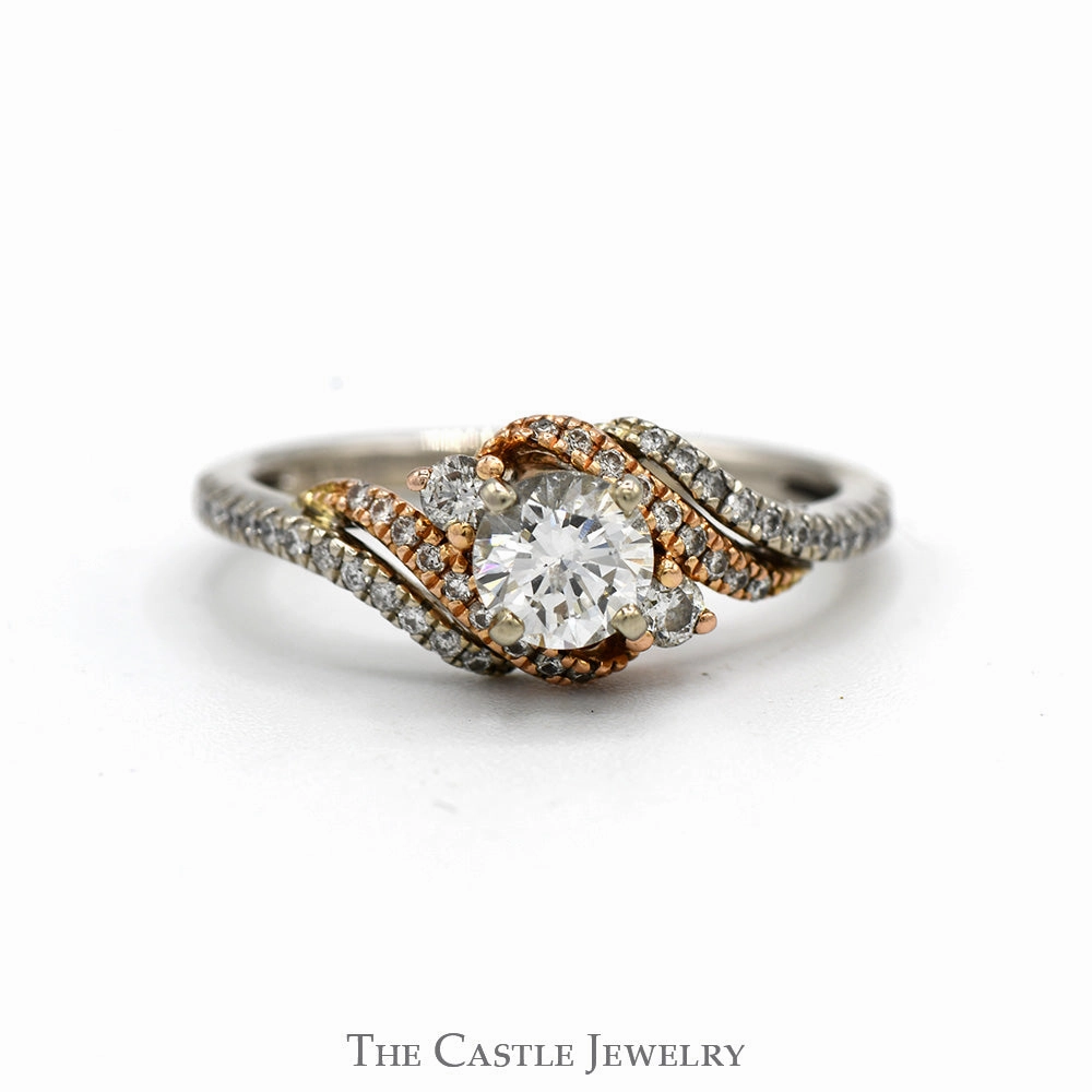 Round Brilliant Cut Diamond Solitaire Engagement Ring with Diamond Accented Sides in 14k Two Tone White & Rose Gold Bypass Mounting Fresh Vibe Comfy Style