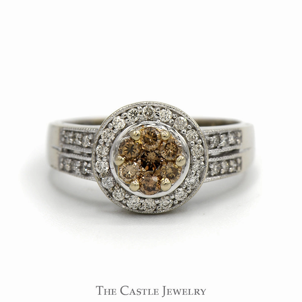Round Cocoa Diamond Cluster Ring with Diamond Halo and Accented Sides in 14k White Gold Quality Article