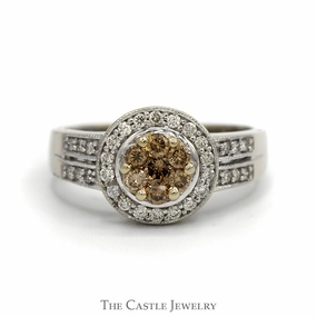 Round Cocoa Diamond Cluster Ring with Diamond Halo and Accented Sides in 14k White Gold Quality Article