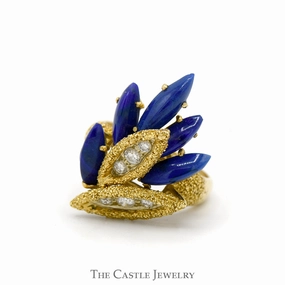 Delicate Bauble Round Diamond and Marquise Lapis Cartier Designer Cluster Ring in 18k Yellow Gold