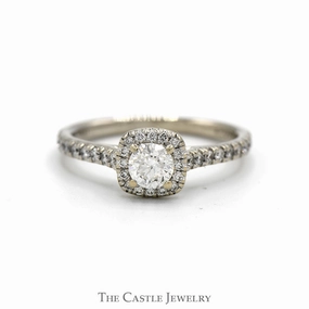 Round Diamond Engagement Ring with Diamond Halo and Diamond Accented Sides in 14k White Gold Durable Adornment
