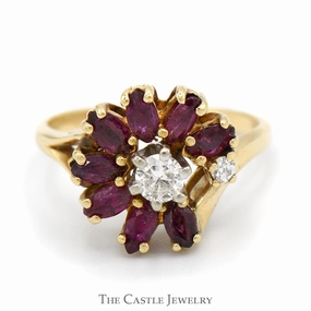 Round Diamond Ring with Marquise Ruby Halo in 14k Yellow Gold Event Friendly