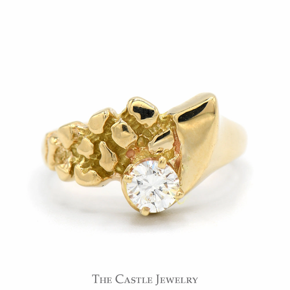 Fashionable Work Round Diamond Solitaire Textured Nugget Style Ring in 14k Yellow Gold