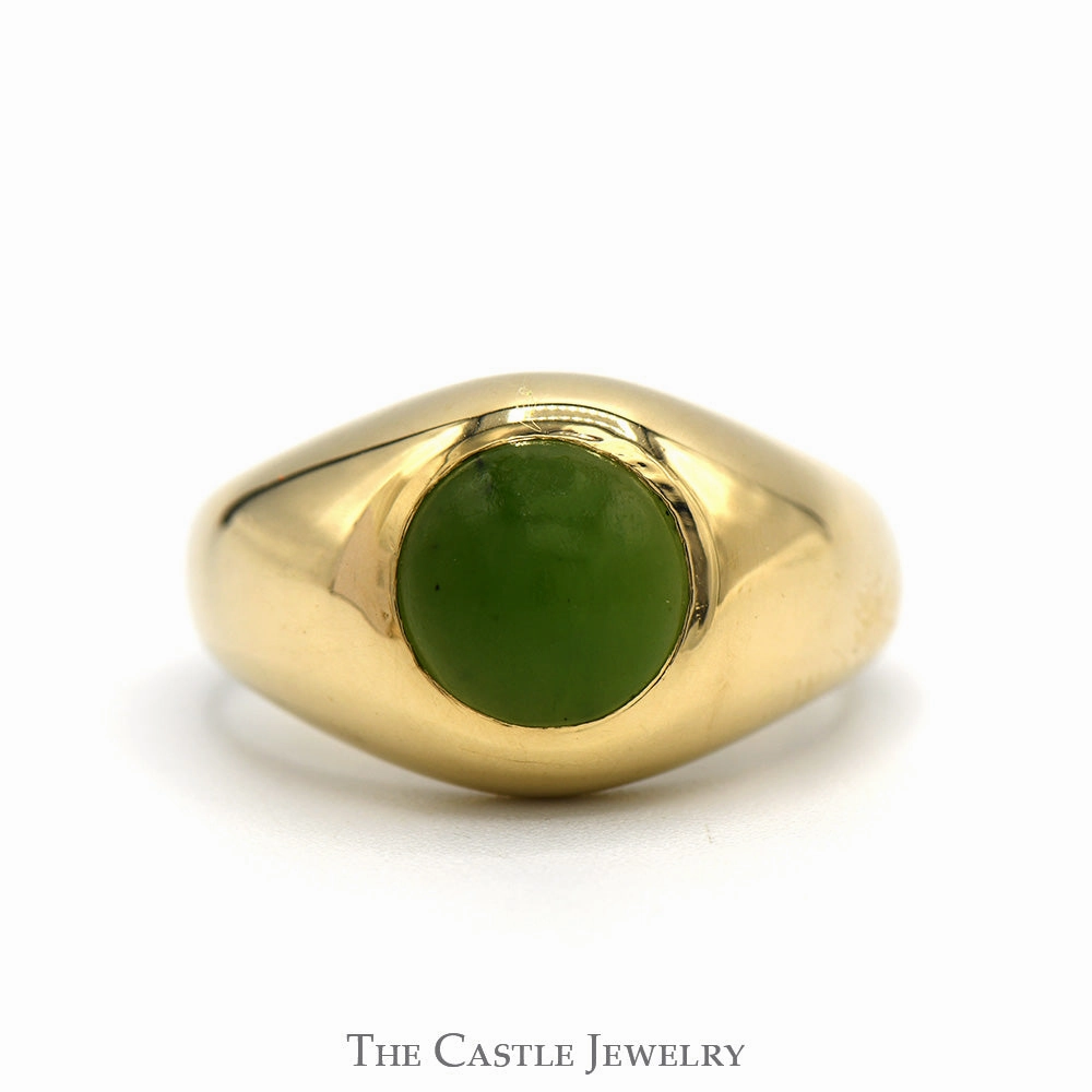 Forward Thinking Round Green Jade Dome Men's Ring with Polished Sides in 14k Yellow Gold