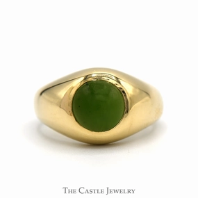 Forward Thinking Round Green Jade Dome Men's Ring with Polished Sides in 14k Yellow Gold
