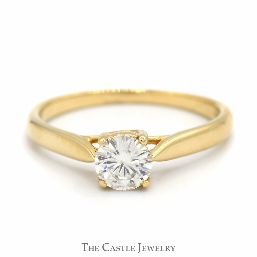 Refined Appearance Display Model Round Moissanite Solitaire Engagement Ring in 10k Yellow Gold Cathedral Mounting