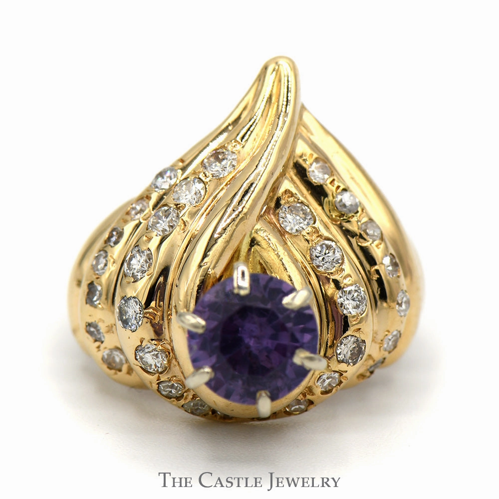 Round Mystic Topaz Ring in Diamond Accented Swirled Tiered 14k Yellow Gold Mounting Family Treasure