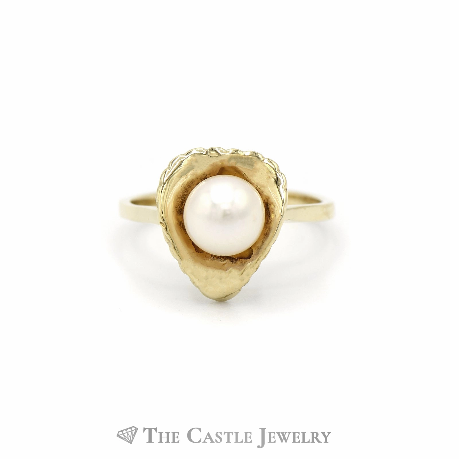 Exclusive Craft Unique Sign Round Pearl Ring in Leaf Designed 14k Yellow Gold Setting
