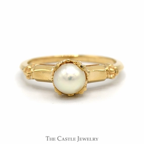 Sparkling Craft Round Pearl Solitaire Ring in 14k Yellow Gold Vintage Style Mounting