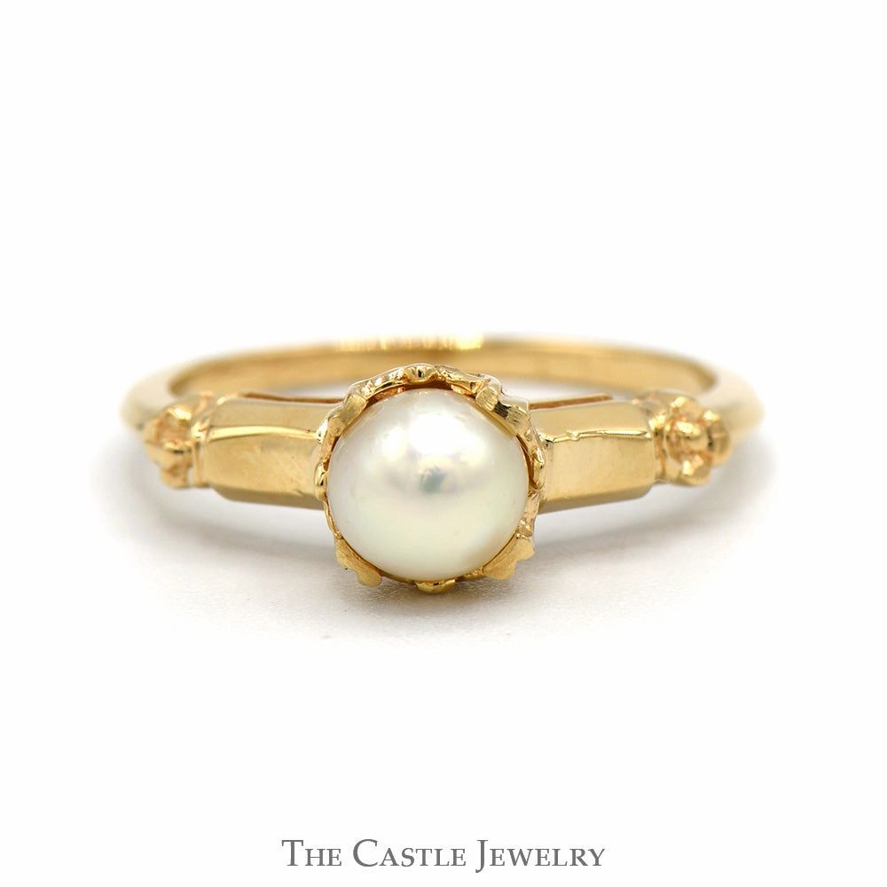 Sparkling Craft Round Pearl Solitaire Ring in 14k Yellow Gold Vintage Style Mounting
