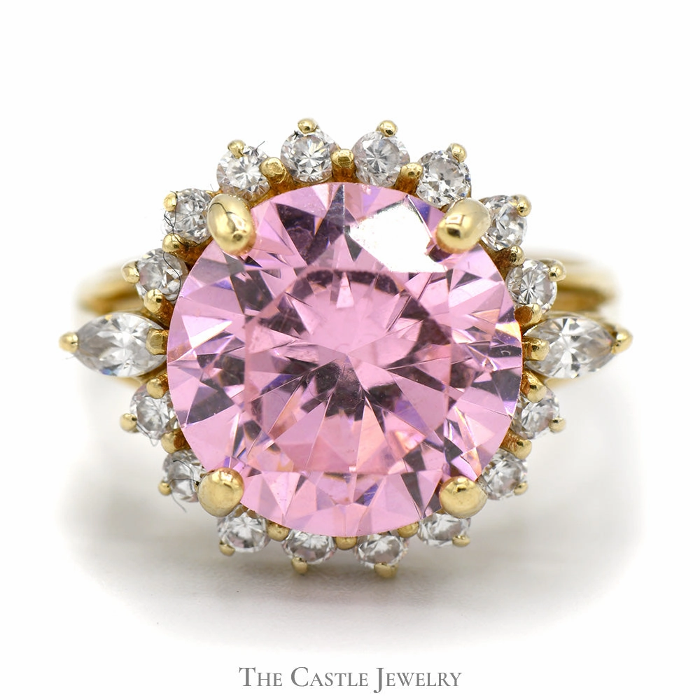 Round Pink Ice Ring with Cubic Zirconia Halo in 14k Yellow Gold Value Object