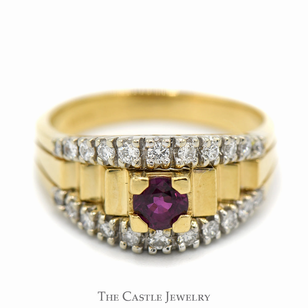 Artisan Expression Round Rhodalite Garnet Ring with Diamond Accents in 18k Yellow Gold Ridged Mounting